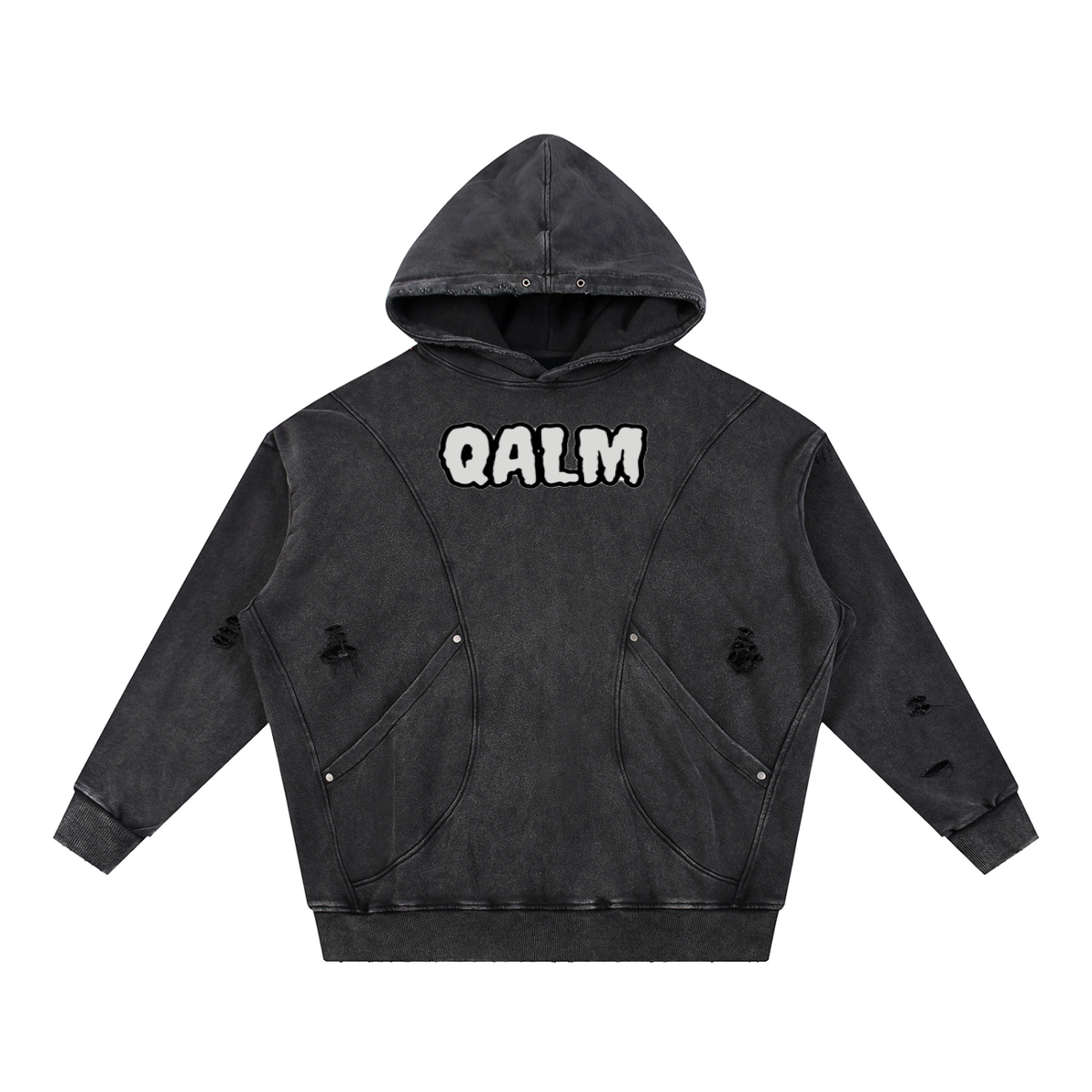 Snow Washed Distressed Panel Pocket Hoodie