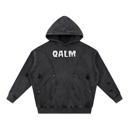Snow Washed Distressed Panel Pocket Hoodie