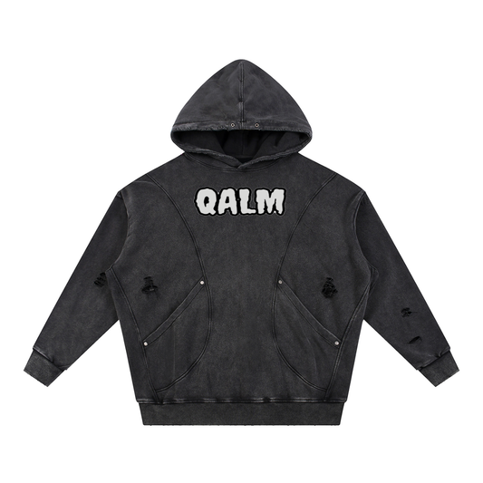 Snow Washed Distressed Panel Pocket Hoodie