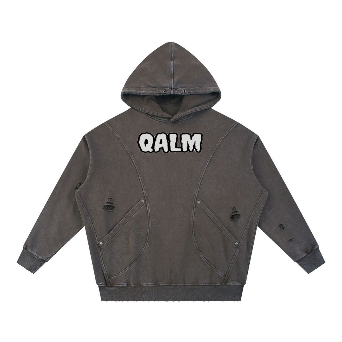 Snow Washed Distressed Panel Pocket Hoodie