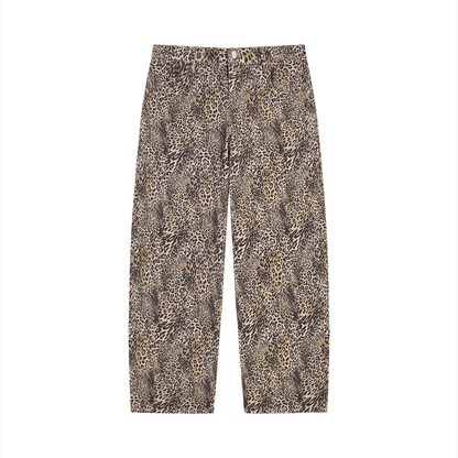 Unisex Vintage Wash Leopard Wide Leg Jeans