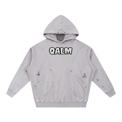 Snow Washed Distressed Panel Pocket Hoodie